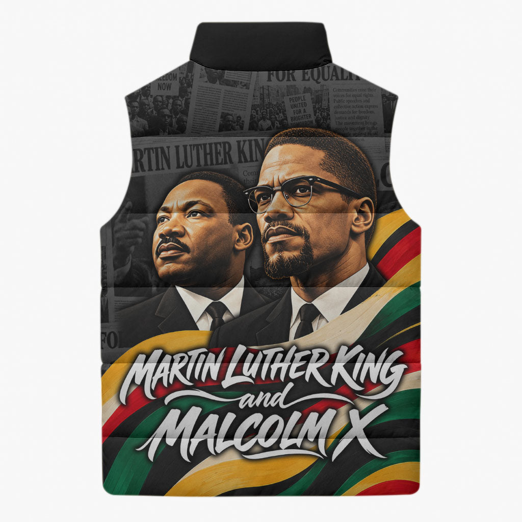 MLK And Malcolm X Civil Rights Sleeveless Puffer Jacket Martin Luther King Jr - Pan African Flag - Vintage Newspaper