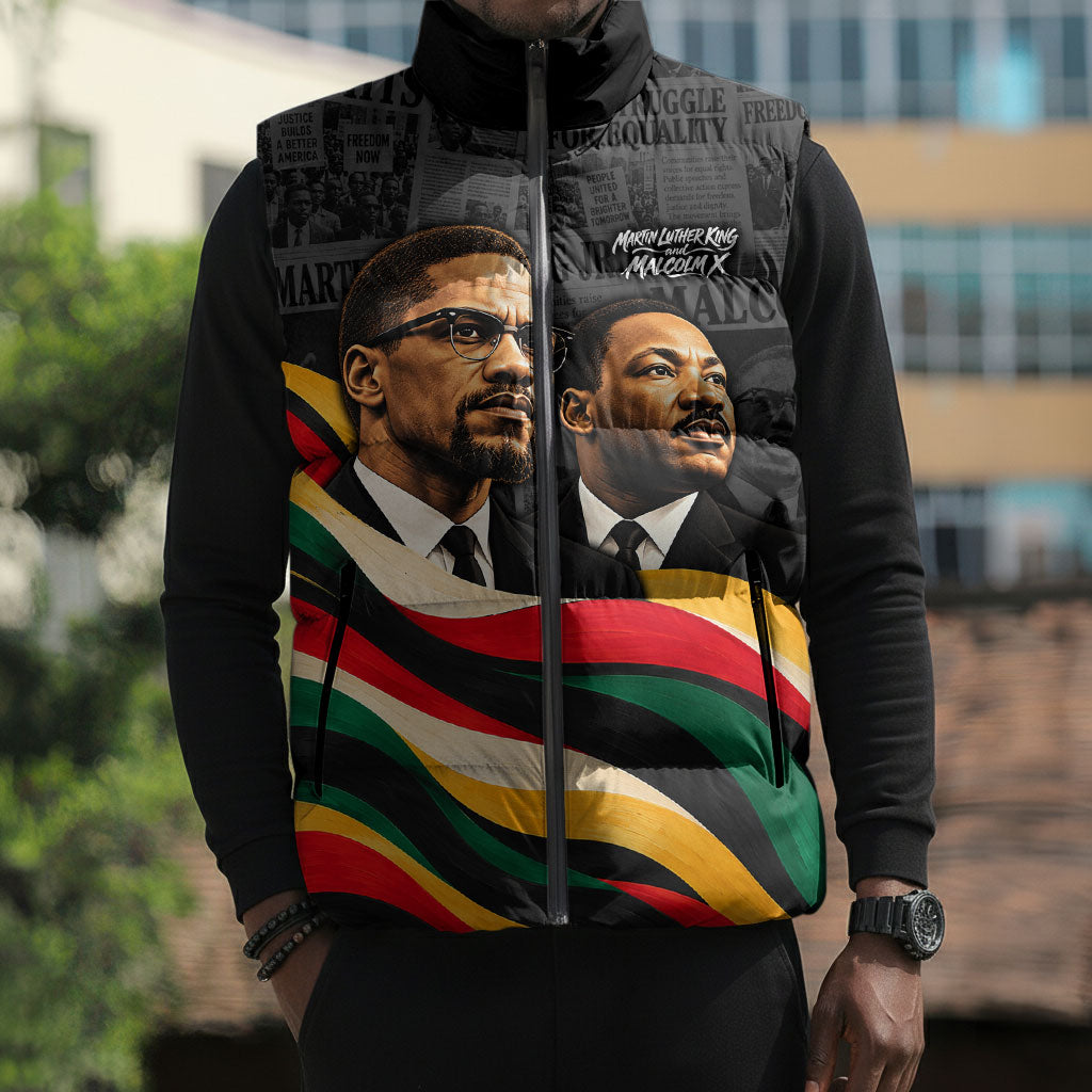 MLK And Malcolm X Civil Rights Sleeveless Puffer Jacket Martin Luther King Jr - Pan African Flag - Vintage Newspaper