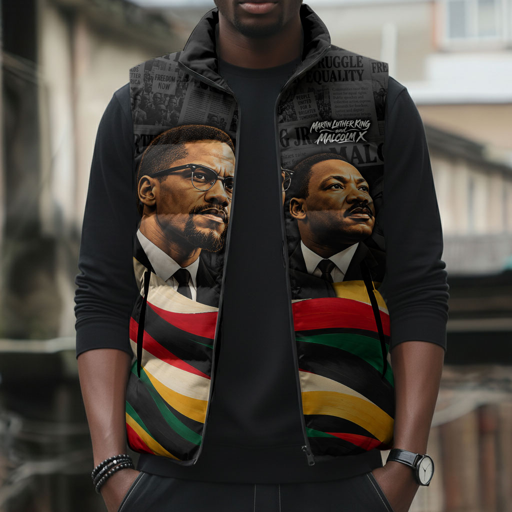 MLK And Malcolm X Civil Rights Sleeveless Puffer Jacket Martin Luther King Jr - Pan African Flag - Vintage Newspaper