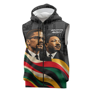 MLK And Malcolm X Civil Rights Sleeveless Zip Hoodie Martin Luther King Jr - Pan African Flag - Vintage Newspaper