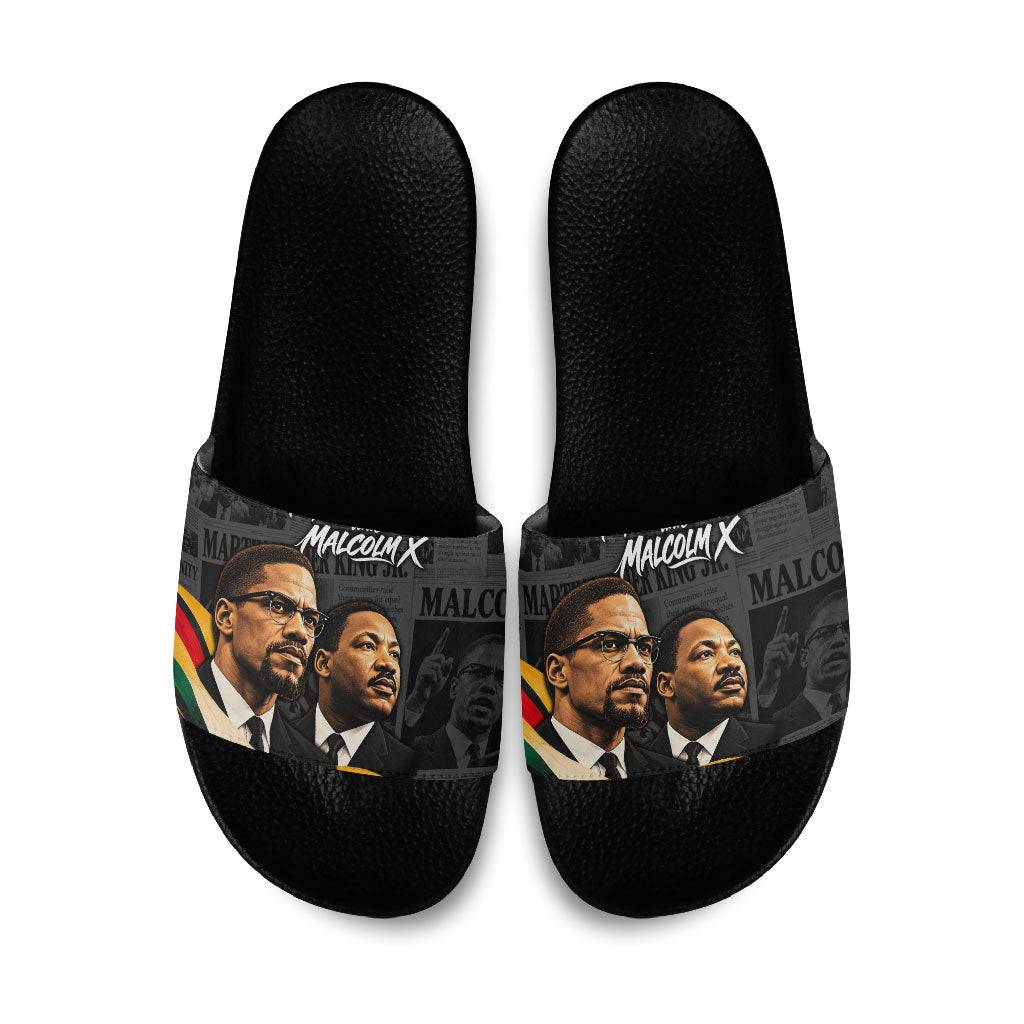 MLK And Malcolm X Civil Rights Slide Sandals Martin Luther King Jr - Pan African Flag - Vintage Newspaper