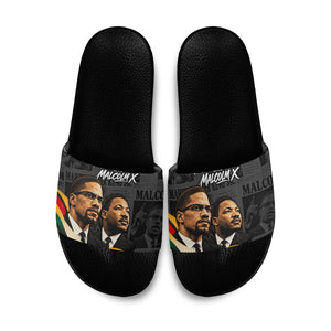 MLK And Malcolm X Civil Rights Slide Sandals Martin Luther King Jr - Pan African Flag - Vintage Newspaper