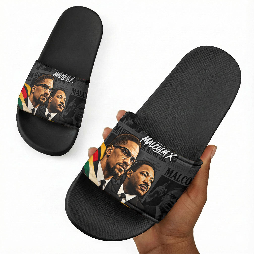 MLK And Malcolm X Civil Rights Slide Sandals Martin Luther King Jr - Pan African Flag - Vintage Newspaper