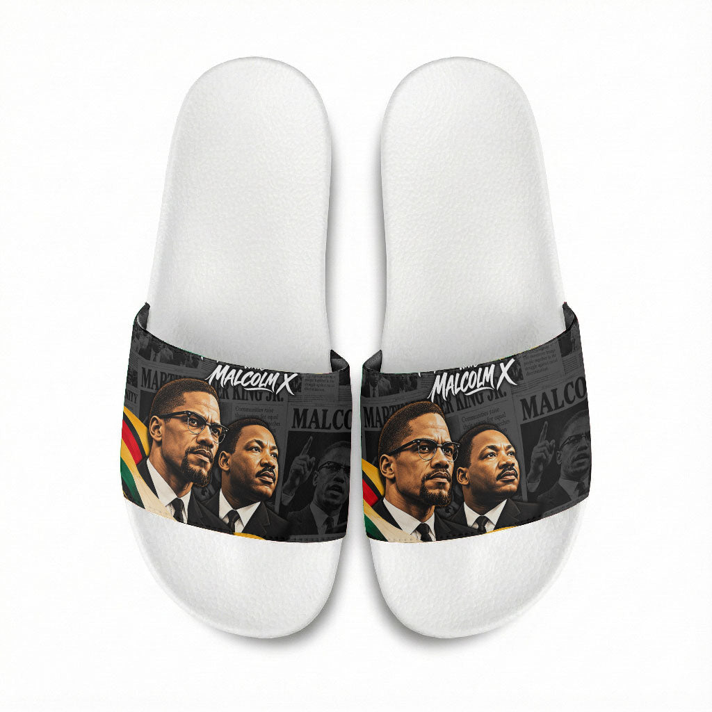 MLK And Malcolm X Civil Rights Slide Sandals Martin Luther King Jr - Pan African Flag - Vintage Newspaper