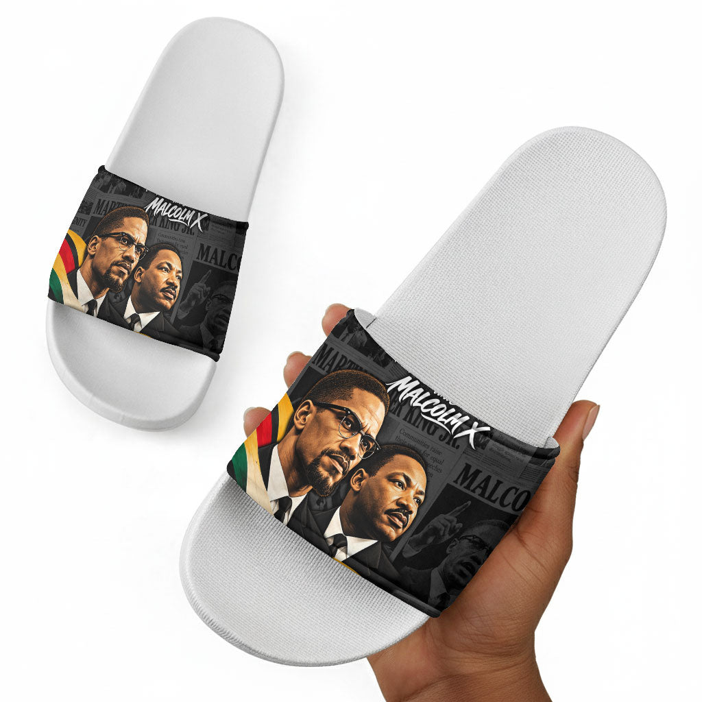 MLK And Malcolm X Civil Rights Slide Sandals Martin Luther King Jr - Pan African Flag - Vintage Newspaper