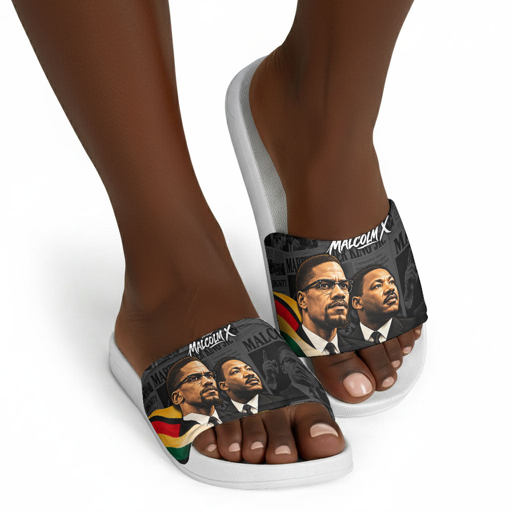 MLK And Malcolm X Civil Rights Slide Sandals Martin Luther King Jr - Pan African Flag - Vintage Newspaper