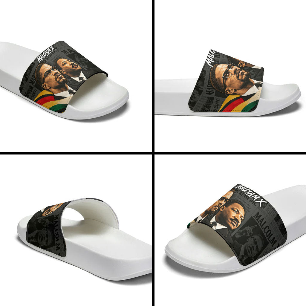 MLK And Malcolm X Civil Rights Slide Sandals Martin Luther King Jr - Pan African Flag - Vintage Newspaper