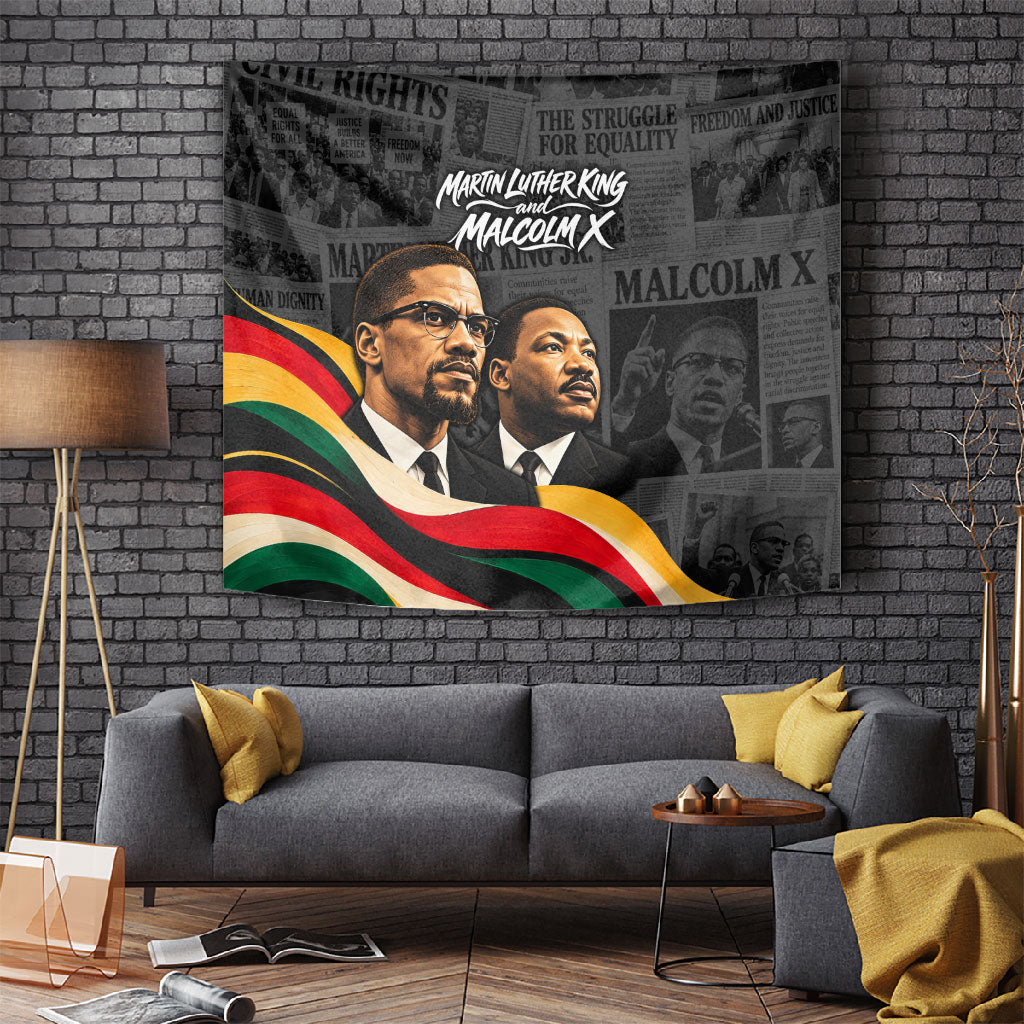 MLK And Malcolm X Civil Rights Tapestry Martin Luther King Jr - Pan African Flag - Vintage Newspaper