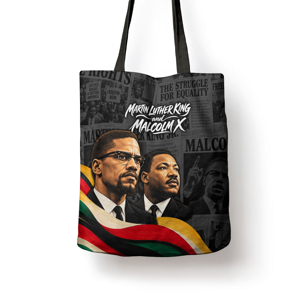 MLK And Malcolm X Civil Rights Tote Bag Martin Luther King Jr - Pan African Flag - Vintage Newspaper