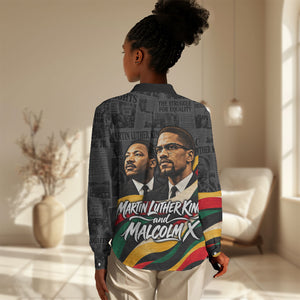 MLK And Malcolm X Civil Rights Women Casual Shirt Martin Luther King Jr - Pan African Flag - Vintage Newspaper