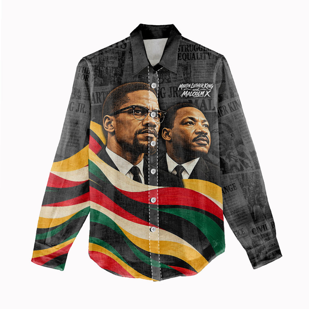 MLK And Malcolm X Civil Rights Women Casual Shirt Martin Luther King Jr - Pan African Flag - Vintage Newspaper