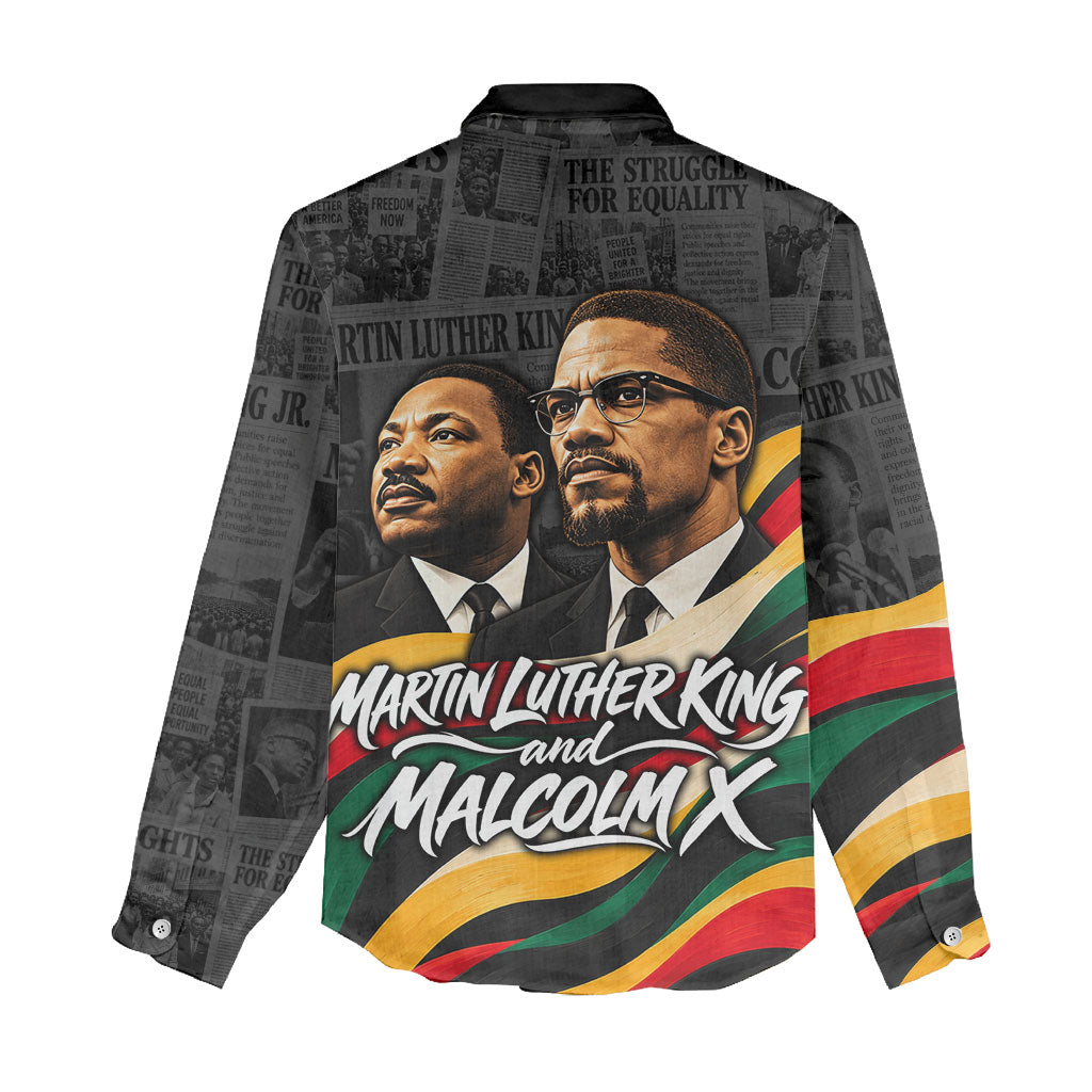 MLK And Malcolm X Civil Rights Women Casual Shirt Martin Luther King Jr - Pan African Flag - Vintage Newspaper