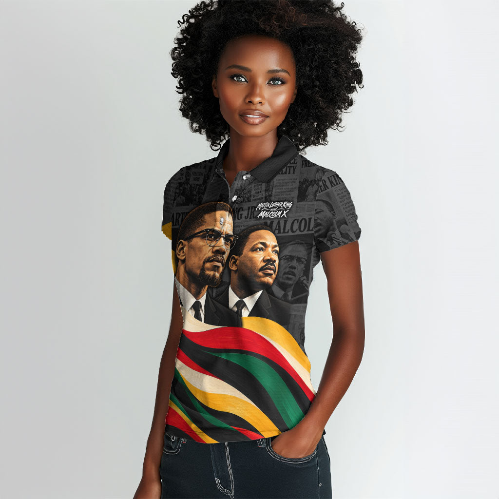 MLK And Malcolm X Civil Rights Women Polo Shirt Martin Luther King Jr - Pan African Flag - Vintage Newspaper