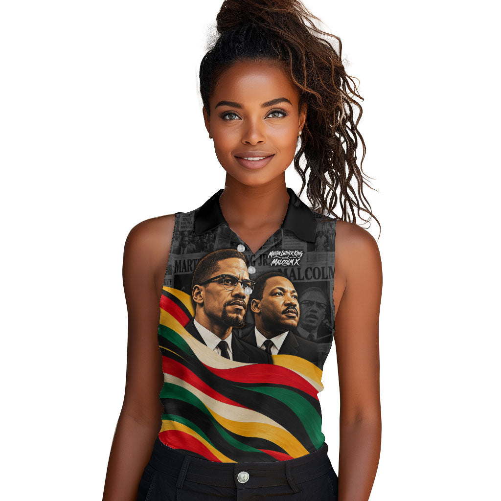 MLK And Malcolm X Civil Rights Women Sleeveless Polo Shirt Martin Luther King Jr - Pan African Flag - Vintage Newspaper