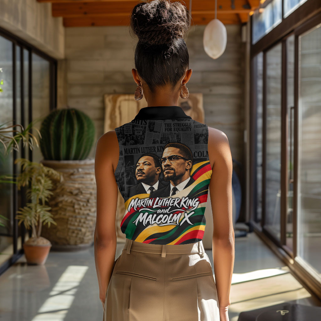 MLK And Malcolm X Civil Rights Women Sleeveless Polo Shirt Martin Luther King Jr - Pan African Flag - Vintage Newspaper