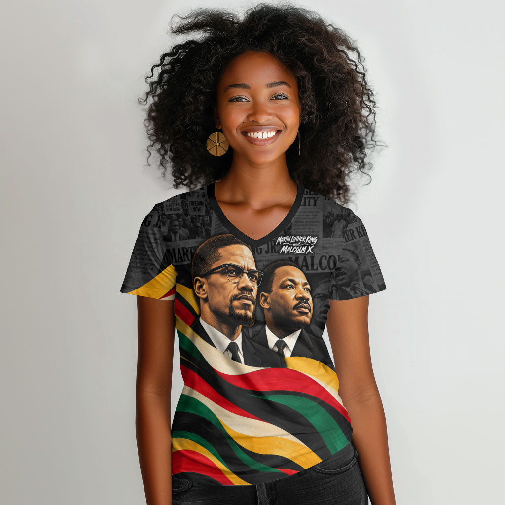 MLK And Malcolm X Civil Rights Women V-Neck T-Shirt Martin Luther King Jr - Pan African Flag - Vintage Newspaper