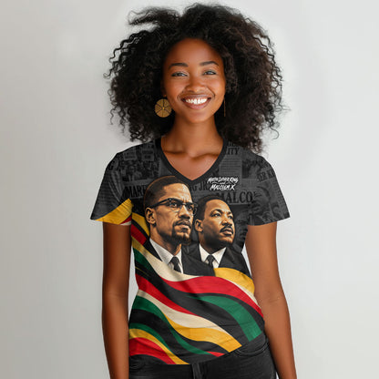 MLK And Malcolm X Civil Rights Women V-Neck T-Shirt Martin Luther King Jr - Pan African Flag - Vintage Newspaper