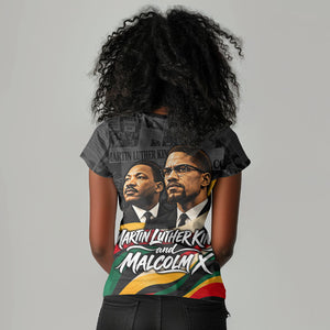 MLK And Malcolm X Civil Rights Women V-Neck T-Shirt Martin Luther King Jr - Pan African Flag - Vintage Newspaper