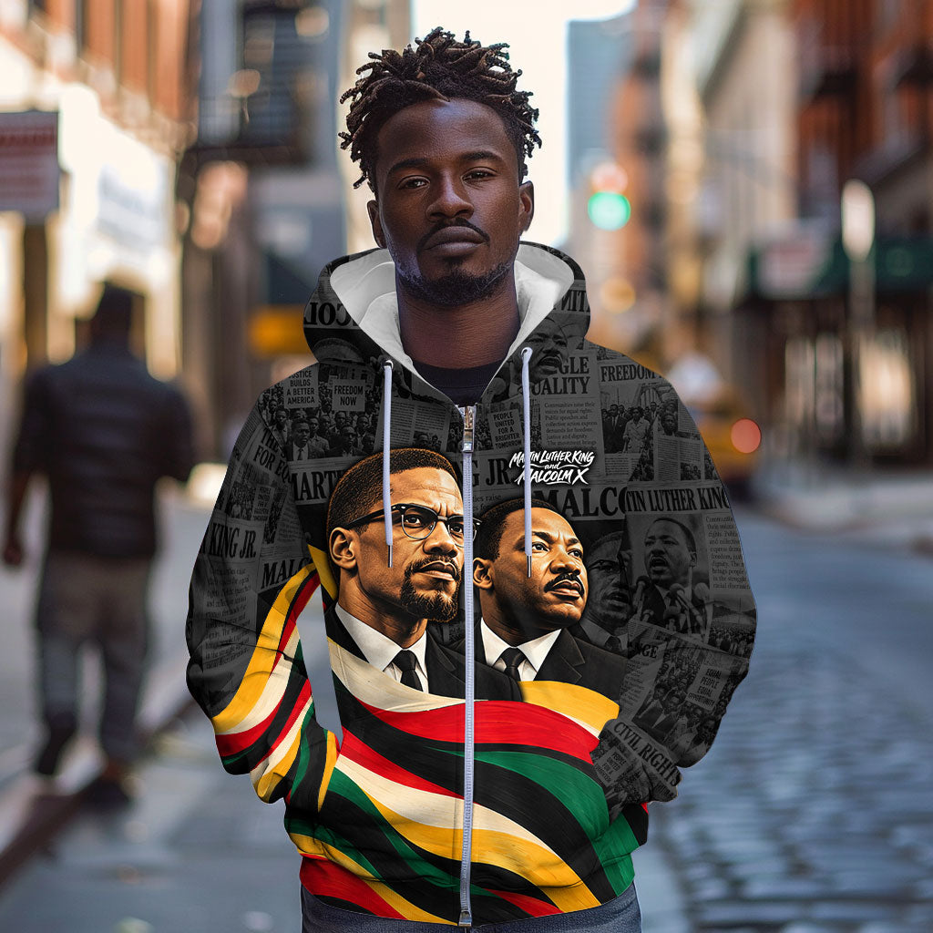 MLK And Malcolm X Civil Rights Zip Hoodie Martin Luther King Jr - Pan African Flag - Vintage Newspaper