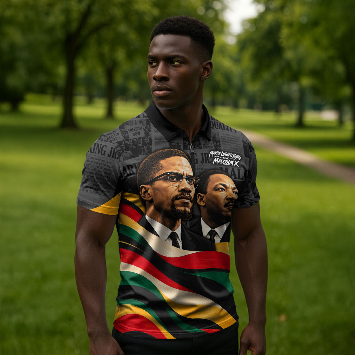 MLK And Malcolm X Civil Rights Zipper Polo Shirt Martin Luther King Jr - Pan African Flag - Vintage Newspaper