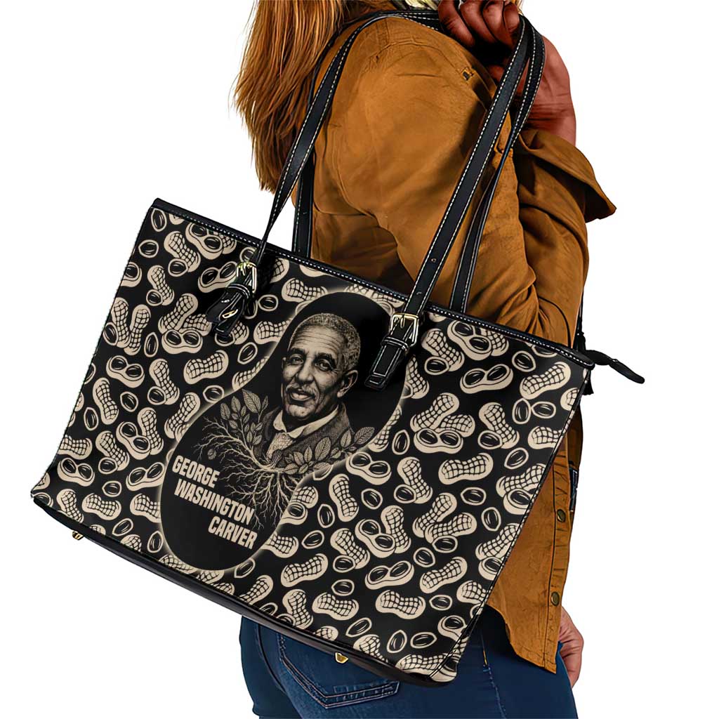 George Washington Carver Leather Tote Bag Peanut From Soil Comes Knowledge Quote and Agricultural Roots - African Pride