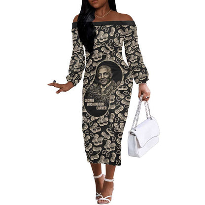 George Washington Carver Off The Shoulder Long Sleeve Dress Peanut From Soil Comes Knowledge Quote and Agricultural Roots - African Pride