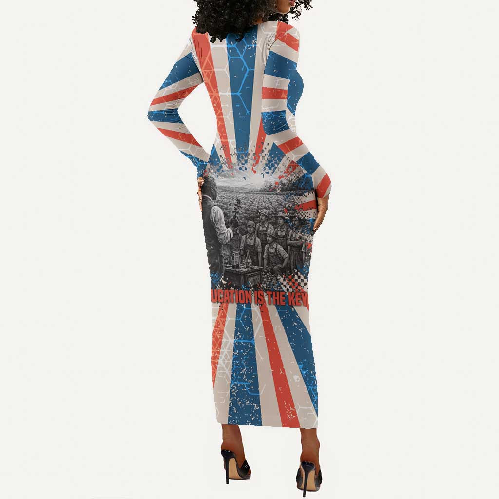 George Washington Carver Long Sleeve Bodycon Dress with Science Teaching Scene, Education Is the Key Quote - African Pride