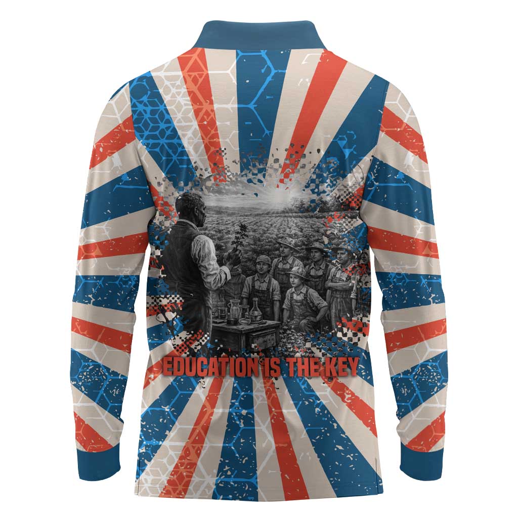 George Washington Carver Long Sleeve Polo Shirt with Science Teaching Scene, Education Is the Key Quote - African Pride