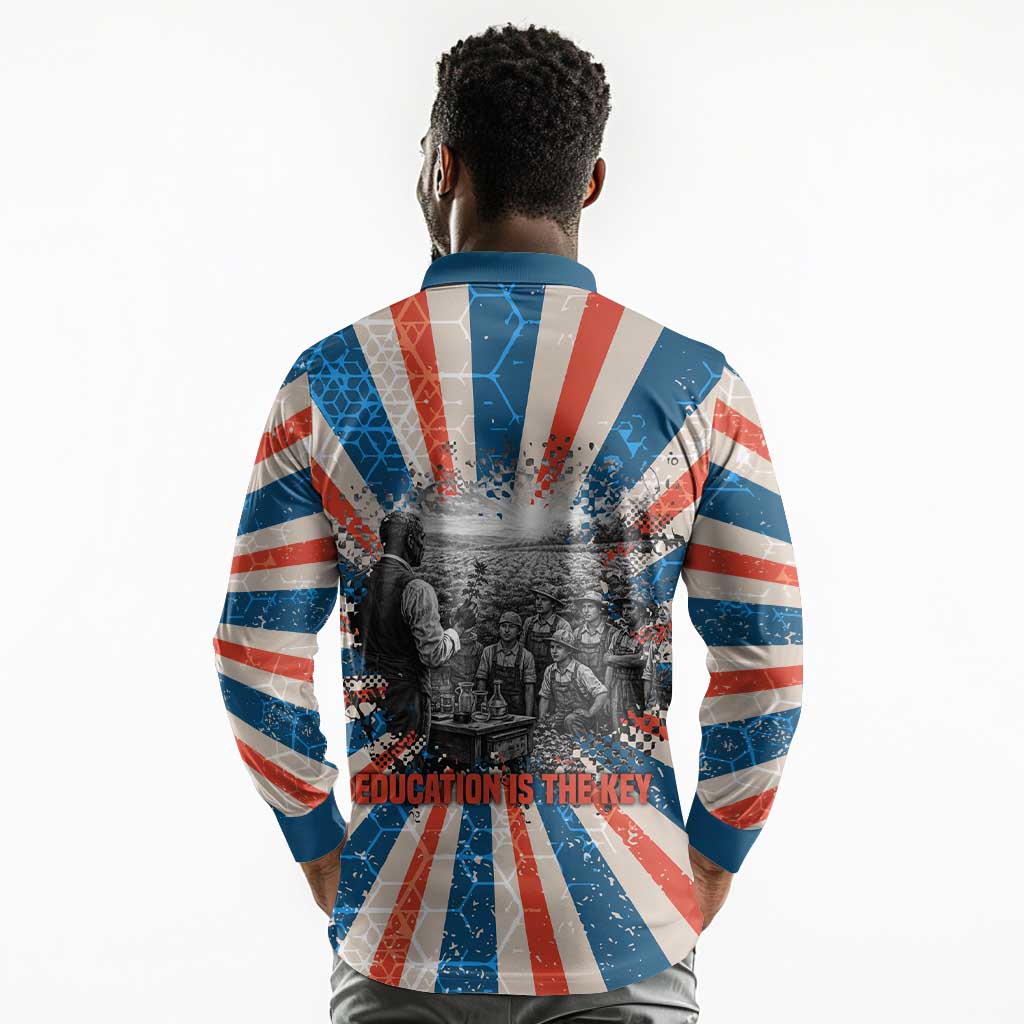 George Washington Carver Long Sleeve Polo Shirt with Science Teaching Scene, Education Is the Key Quote - African Pride