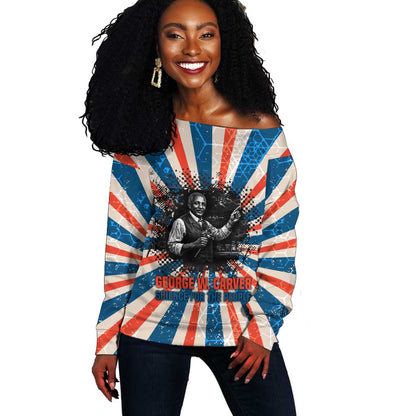 George Washington Carver Off Shoulder Sweater with Science Teaching Scene, Education Is the Key Quote - African Pride