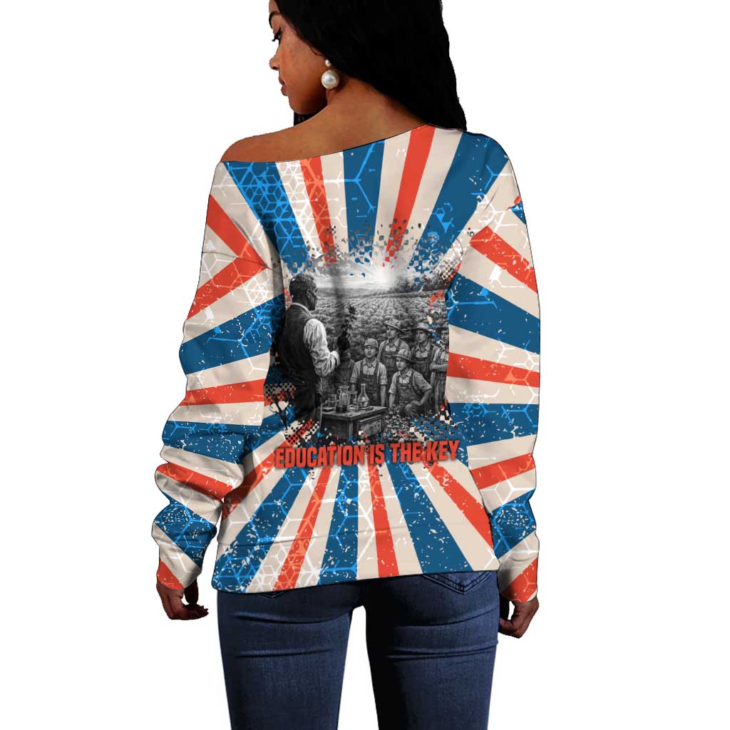 George Washington Carver Off Shoulder Sweater with Science Teaching Scene, Education Is the Key Quote - African Pride