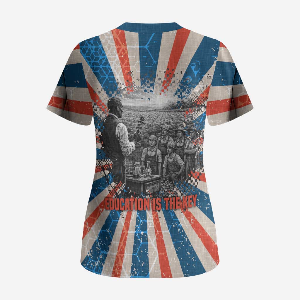 George Washington Carver Scrub Top with Science Teaching Scene, Education Is the Key Quote - African Pride