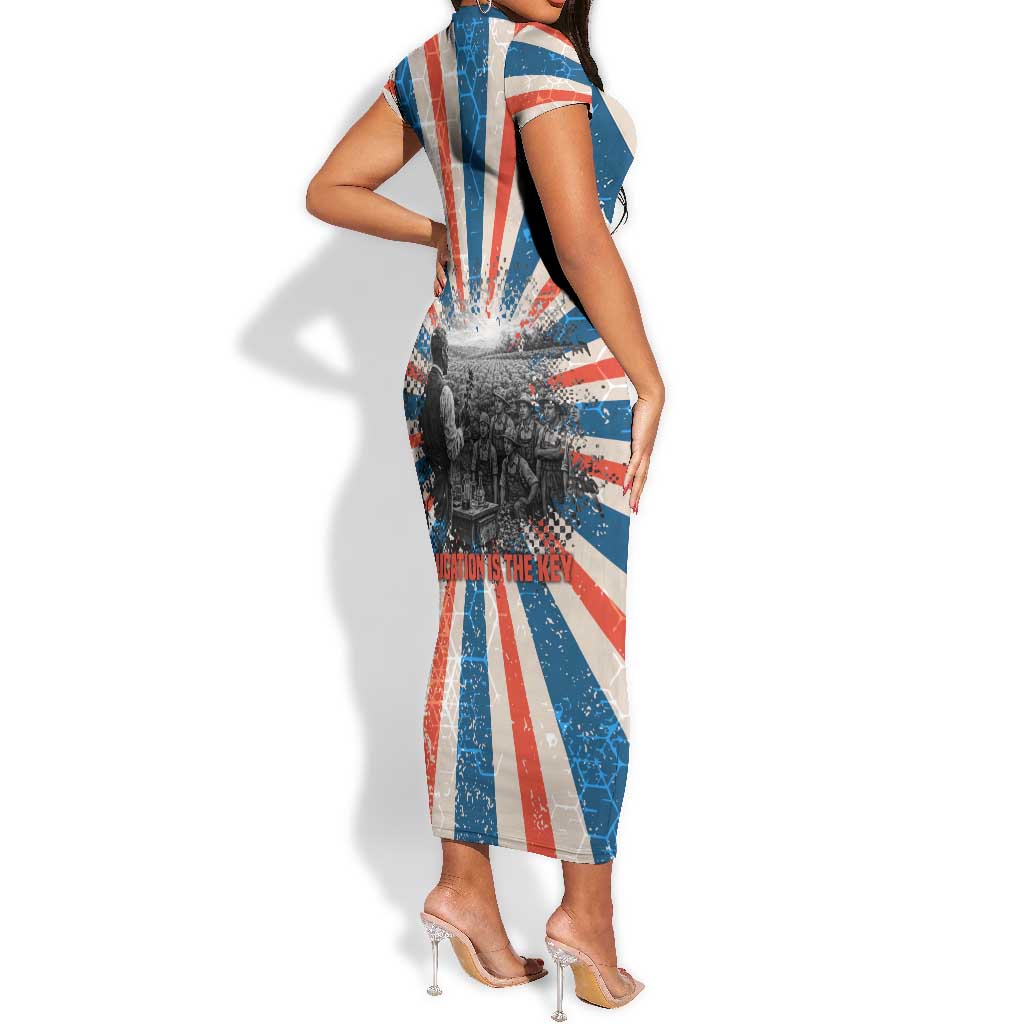 George Washington Carver Short Sleeve Bodycon Dress with Science Teaching Scene, Education Is the Key Quote - African Pride