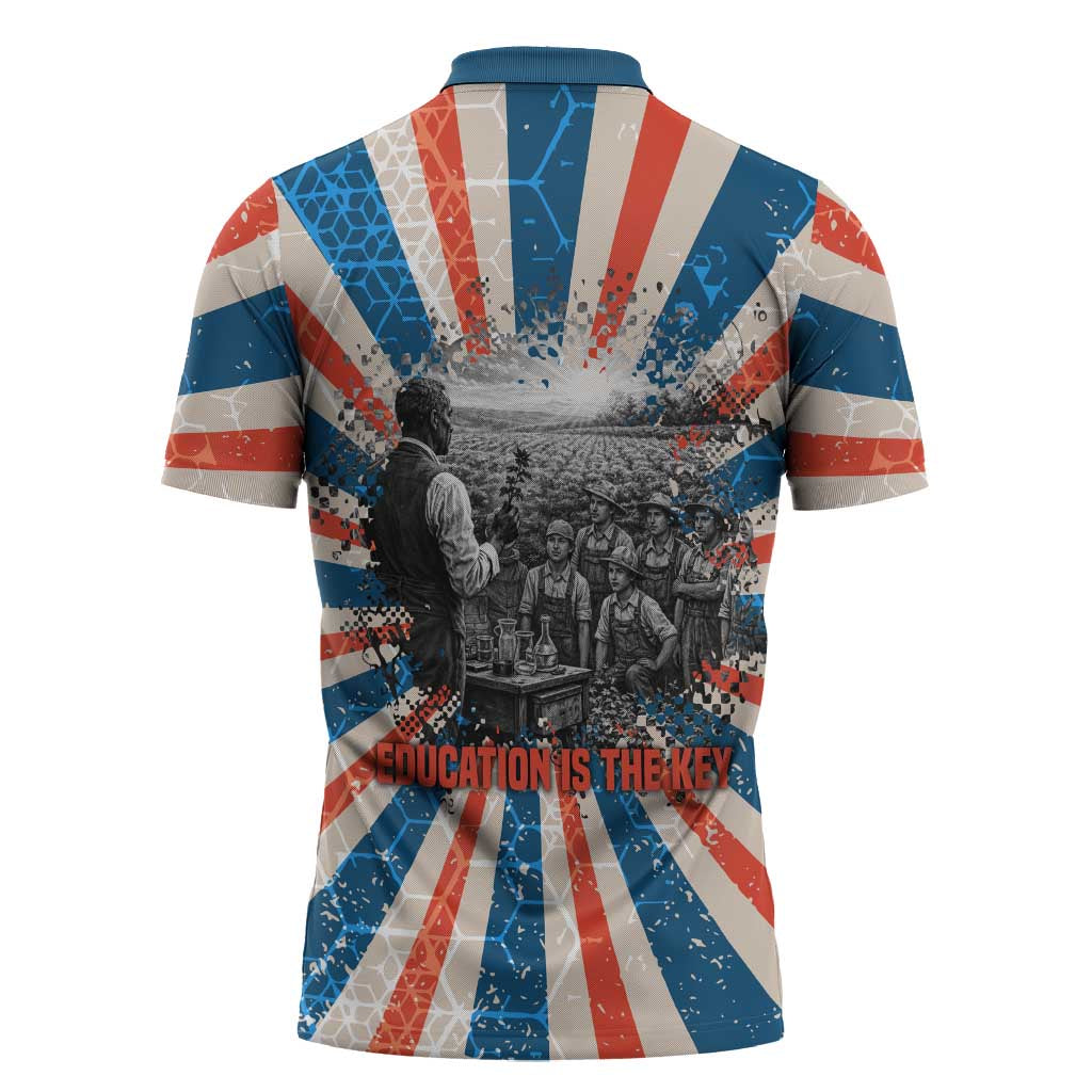 George Washington Carver Zipper Polo Shirt with Science Teaching Scene, Education Is the Key Quote - African Pride