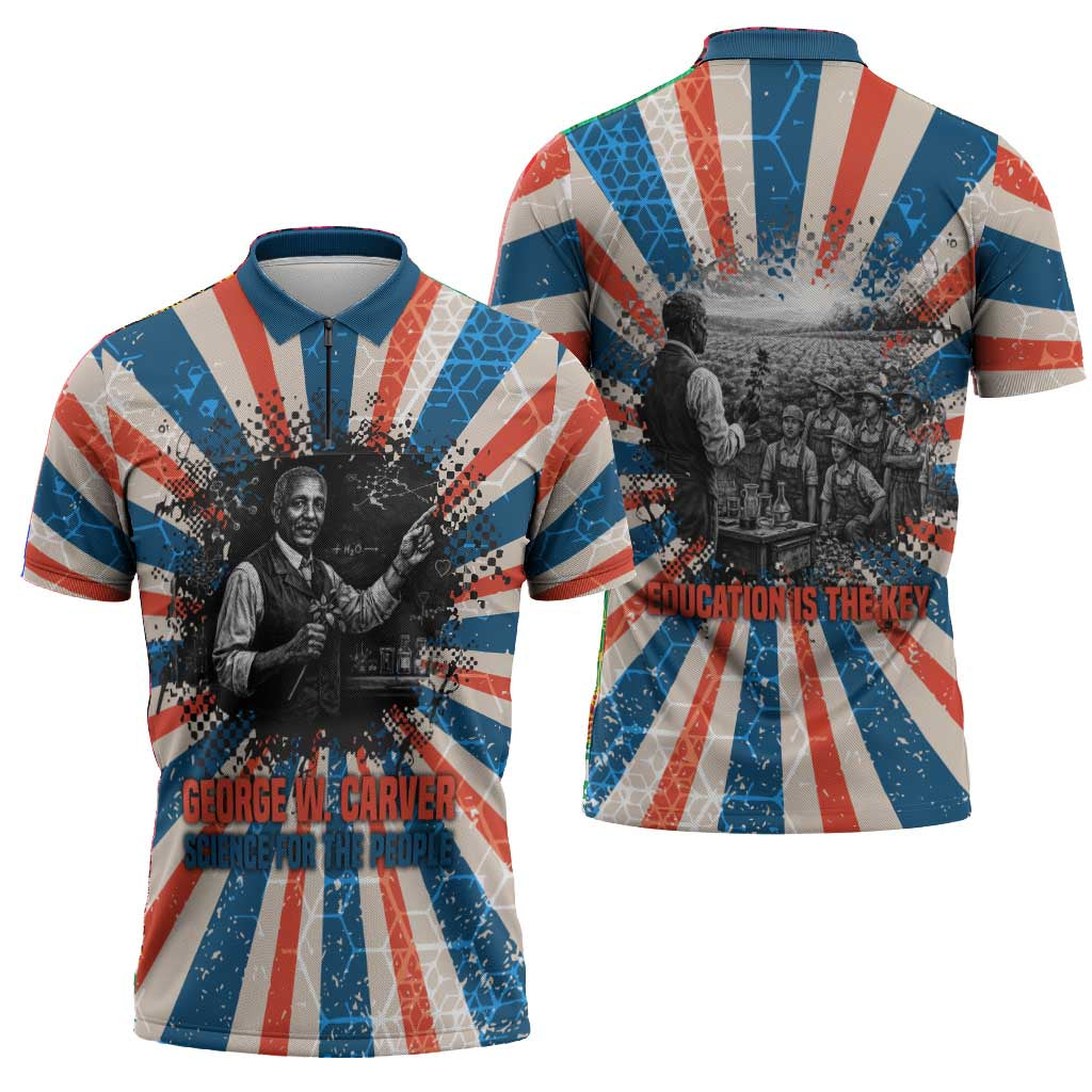 George Washington Carver Zipper Polo Shirt with Science Teaching Scene, Education Is the Key Quote - African Pride