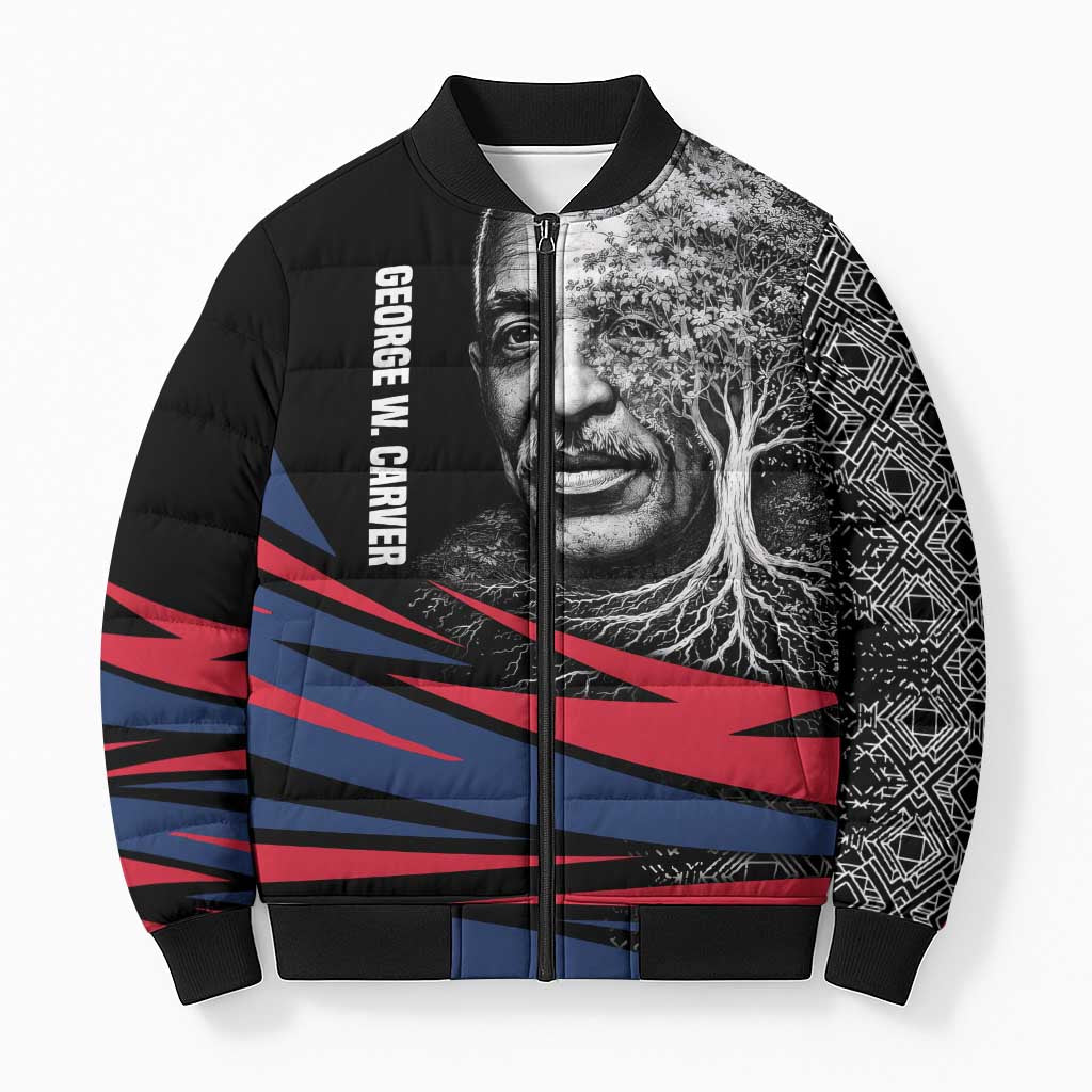 George Washington Carver Bomber Puffer Jacket with Tree Portrait Illustration, Nature Is the Greatest Teacher Quote - African Pride