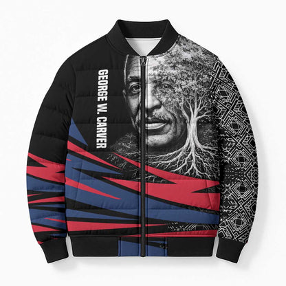 George Washington Carver Bomber Puffer Jacket with Tree Portrait Illustration, Nature Is the Greatest Teacher Quote - African Pride