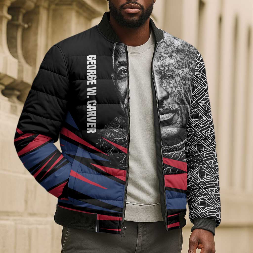 George Washington Carver Bomber Puffer Jacket with Tree Portrait Illustration, Nature Is the Greatest Teacher Quote - African Pride