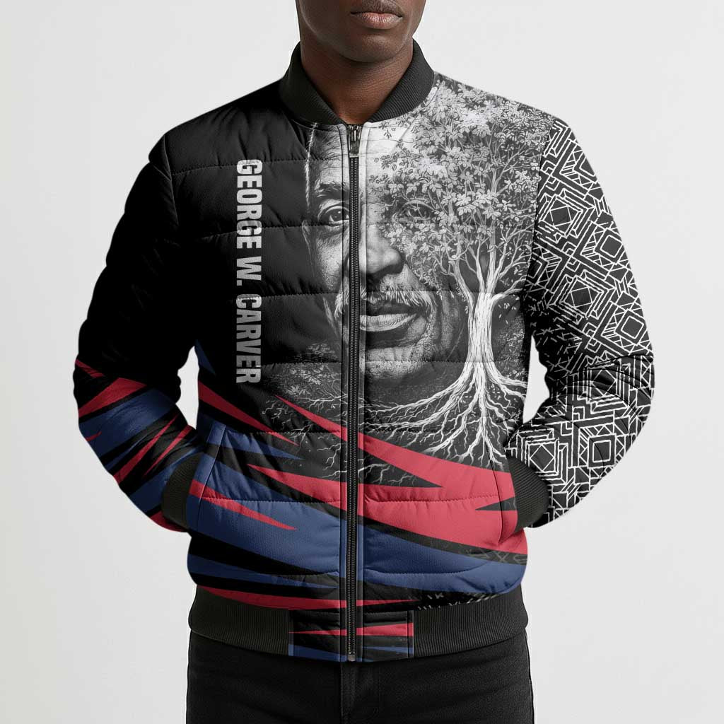 George Washington Carver Bomber Puffer Jacket with Tree Portrait Illustration, Nature Is the Greatest Teacher Quote - African Pride