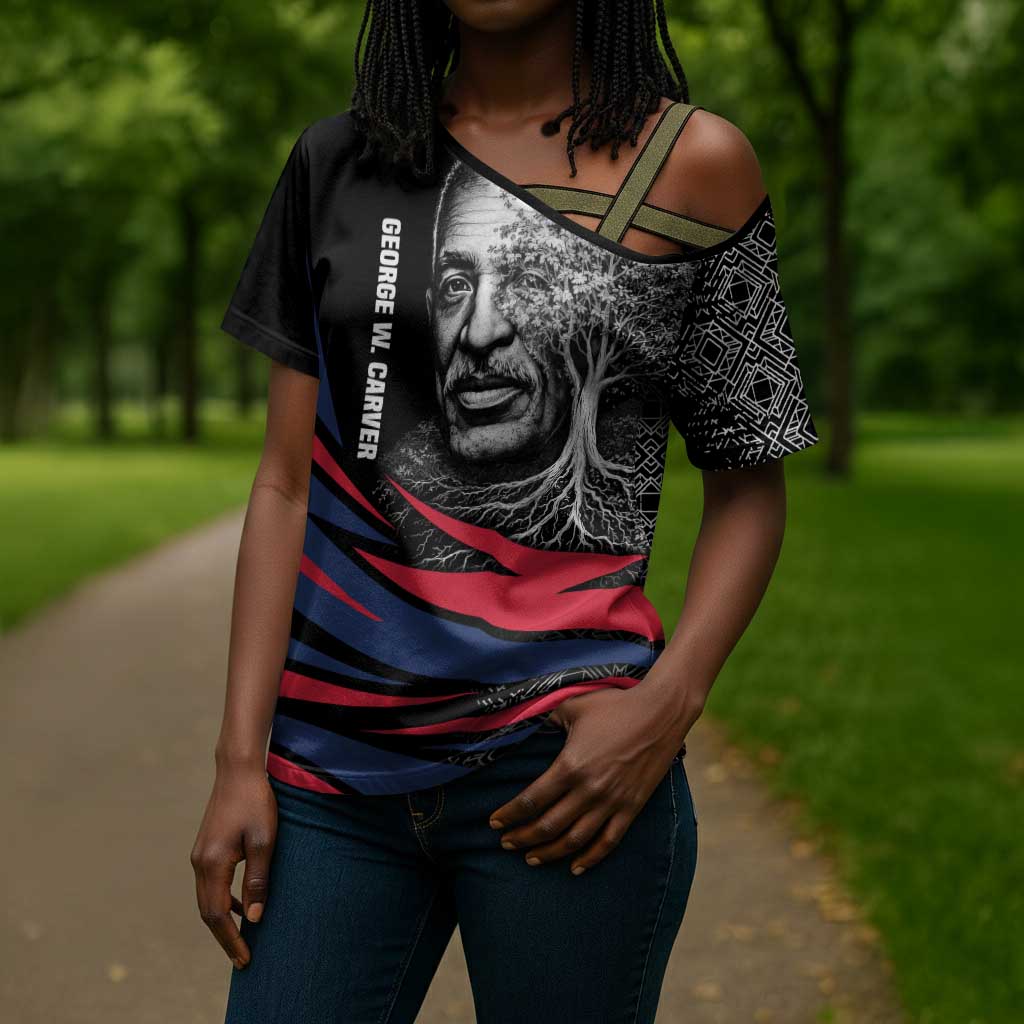 George Washington Carver Cross Shoulder Shirt with Tree Portrait Illustration, Nature Is the Greatest Teacher Quote - African Pride