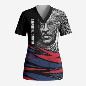 George Washington Carver Scrub Top with Tree Portrait Illustration, Nature Is the Greatest Teacher Quote - African Pride