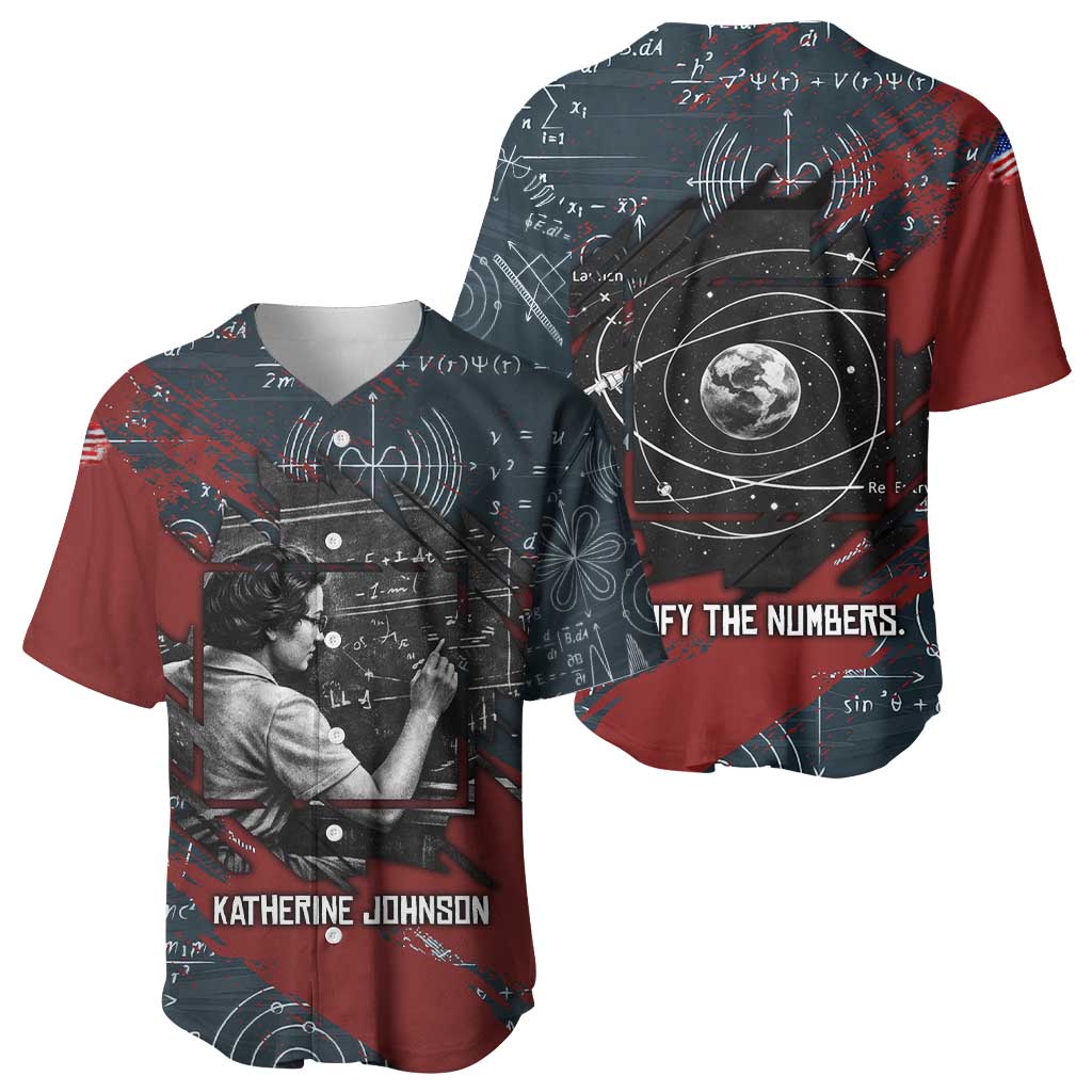 Katherine Johnson Baseball Jersey with Chalkboard Math Scene, Verify the Numbers Quote and Space Orbit - African Pride