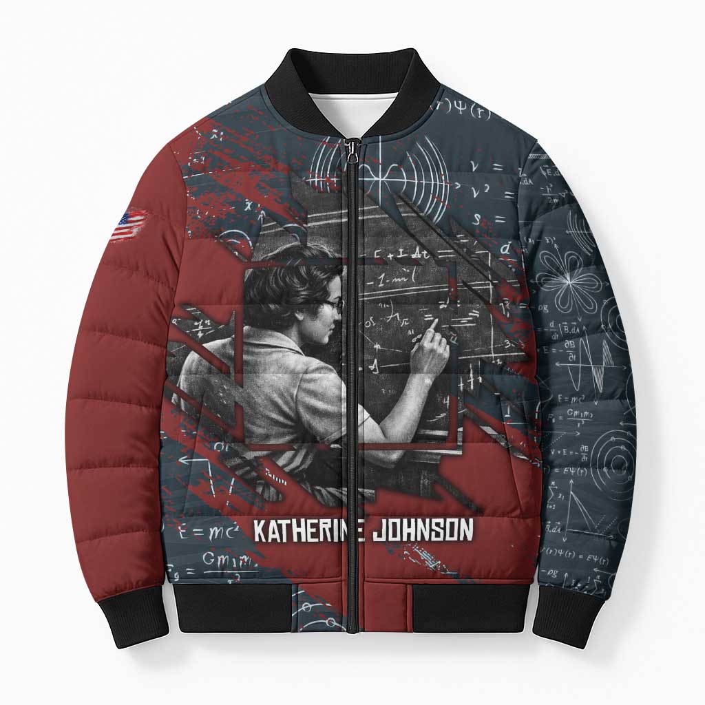 Katherine Johnson Bomber Puffer Jacket with Chalkboard Math Scene, Verify the Numbers Quote and Space Orbit - African Pride