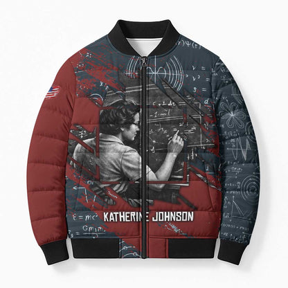 Katherine Johnson Bomber Puffer Jacket with Chalkboard Math Scene, Verify the Numbers Quote and Space Orbit - African Pride