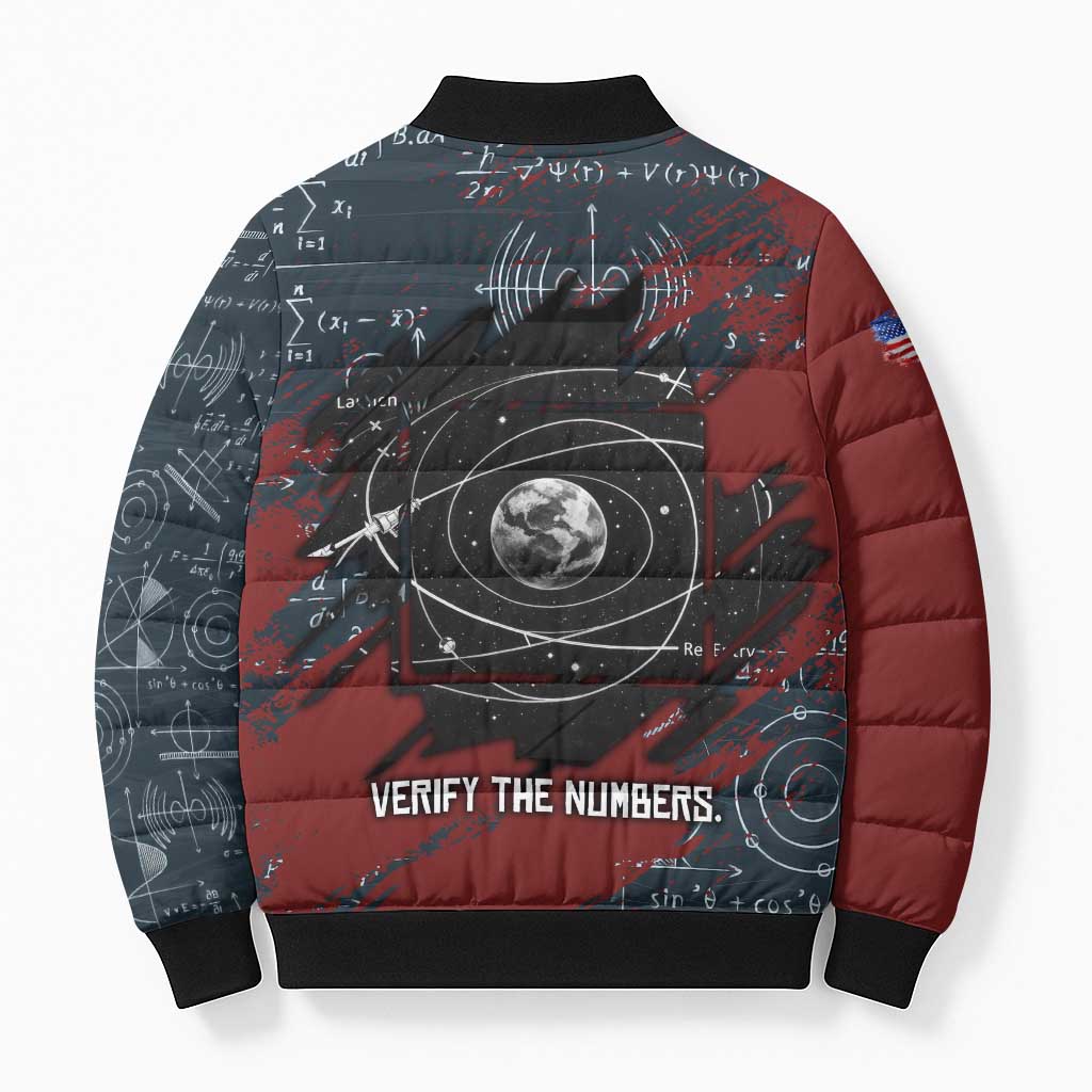 Katherine Johnson Bomber Puffer Jacket with Chalkboard Math Scene, Verify the Numbers Quote and Space Orbit - African Pride