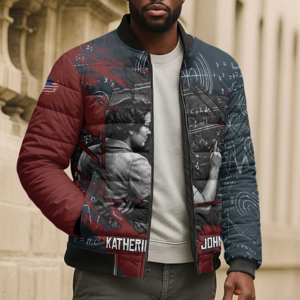 Katherine Johnson Bomber Puffer Jacket with Chalkboard Math Scene, Verify the Numbers Quote and Space Orbit - African Pride