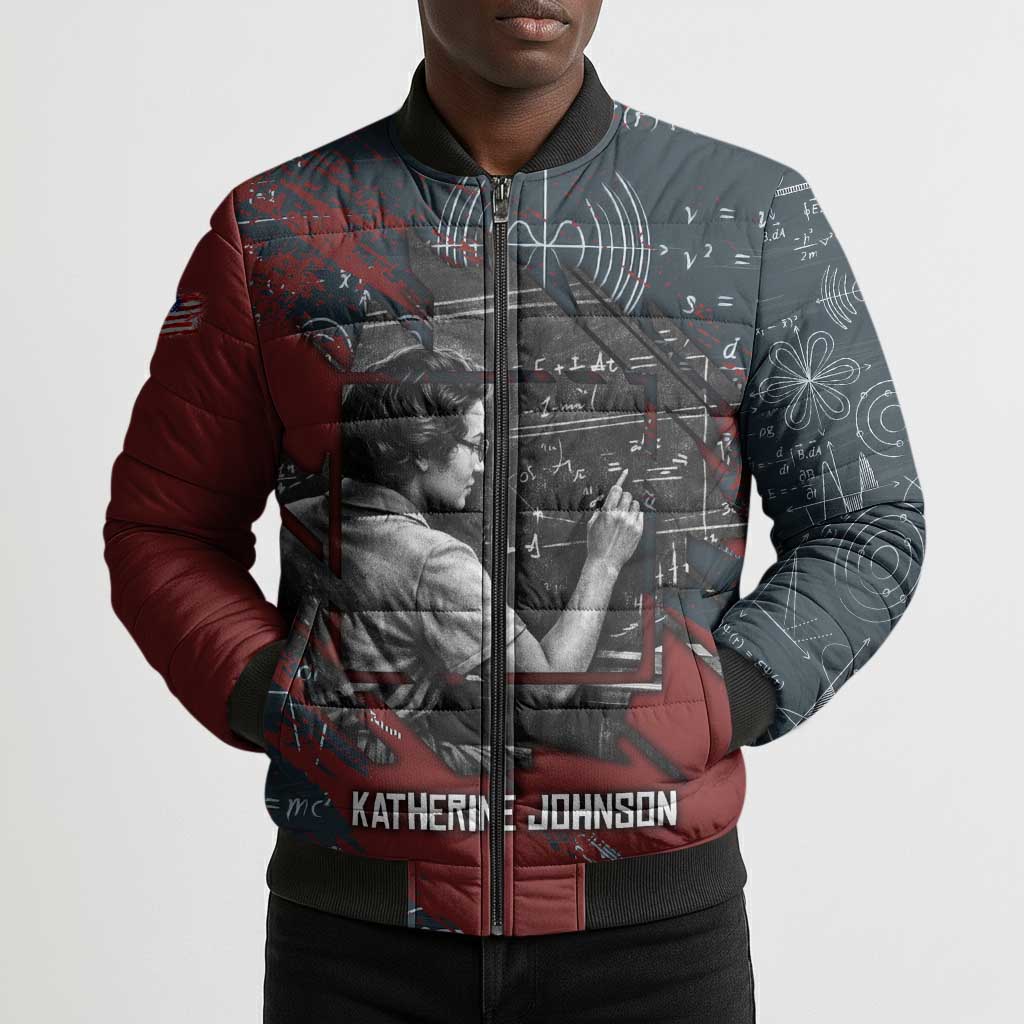 Katherine Johnson Bomber Puffer Jacket with Chalkboard Math Scene, Verify the Numbers Quote and Space Orbit - African Pride