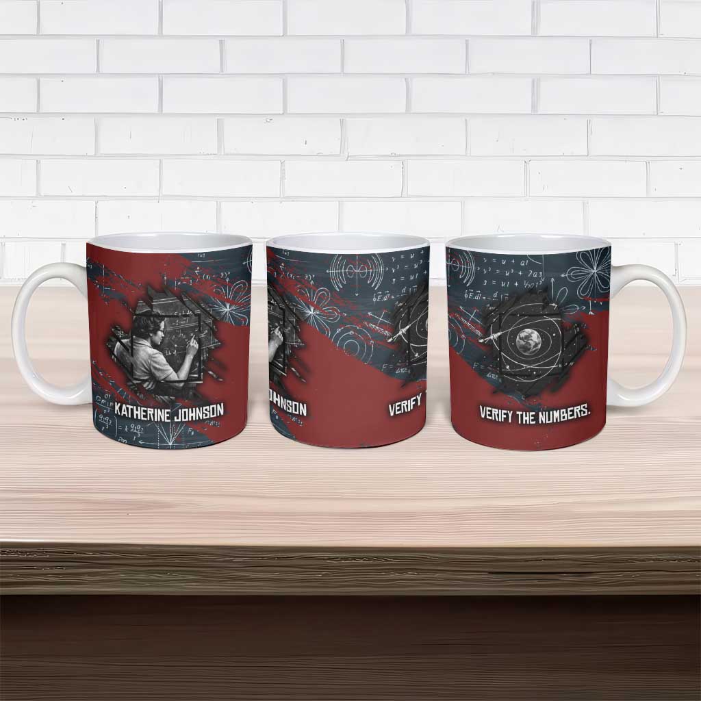 Katherine Johnson Ceramic Mug with Chalkboard Math Scene, Verify the Numbers Quote and Space Orbit - African Pride