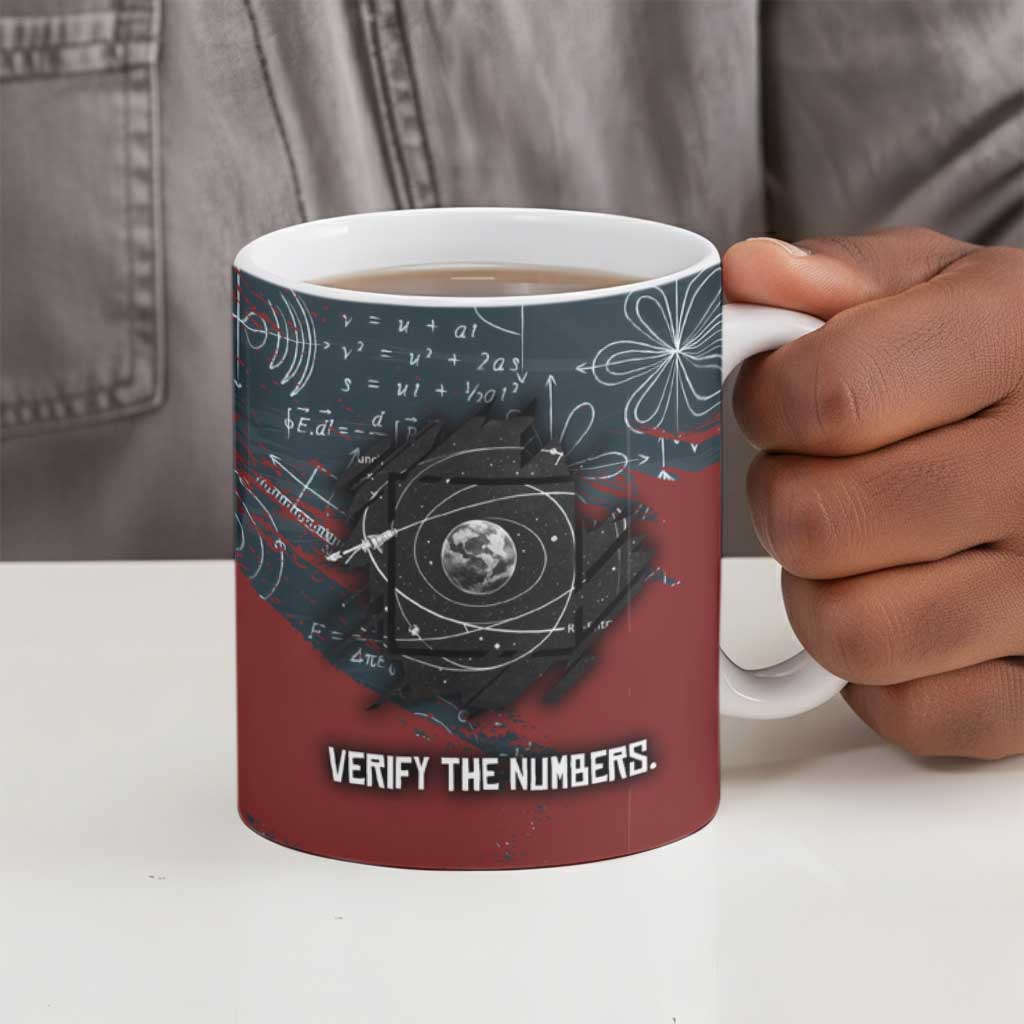 Katherine Johnson Ceramic Mug with Chalkboard Math Scene, Verify the Numbers Quote and Space Orbit - African Pride