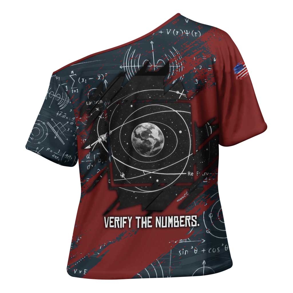 Katherine Johnson Cross Shoulder Shirt with Chalkboard Math Scene, Verify the Numbers Quote and Space Orbit - African Pride